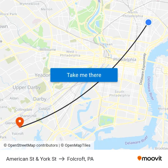 American St & York St to Folcroft, PA map