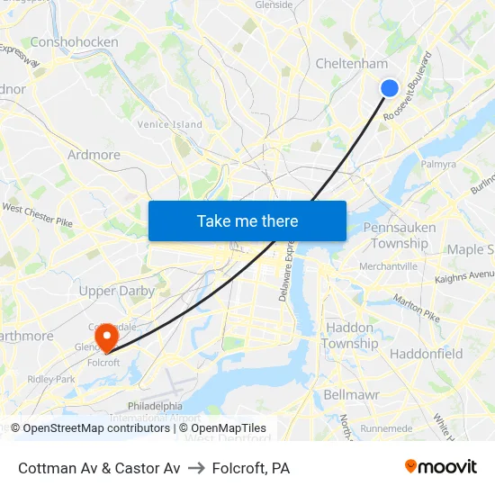 Cottman Av & Castor Av to Folcroft, PA map