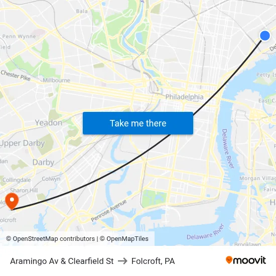 Aramingo Av & Clearfield St to Folcroft, PA map