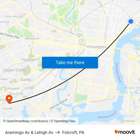 Aramingo Av & Lehigh Av to Folcroft, PA map