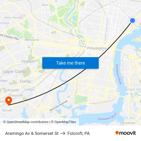 Aramingo Av & Somerset St to Folcroft, PA map
