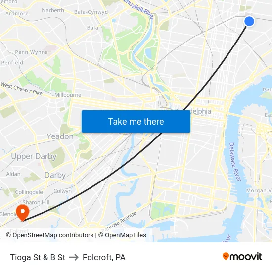 Tioga St & B St to Folcroft, PA map