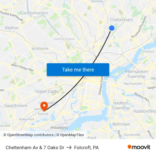 Cheltenham Av & 7 Oaks Dr to Folcroft, PA map