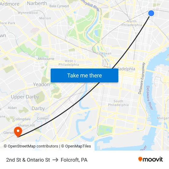 2nd St & Ontario St to Folcroft, PA map