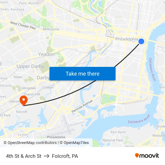 4th St & Arch St to Folcroft, PA map