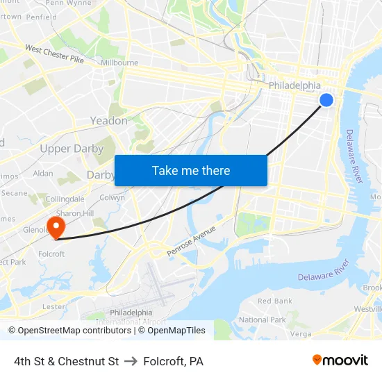4th St & Chestnut St to Folcroft, PA map