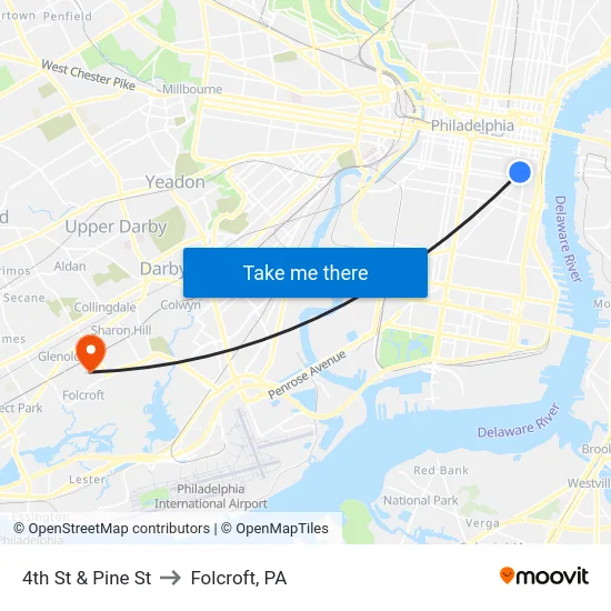4th St & Pine St to Folcroft, PA map