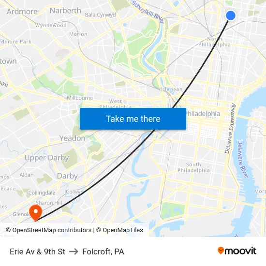 Erie Av & 9th St to Folcroft, PA map