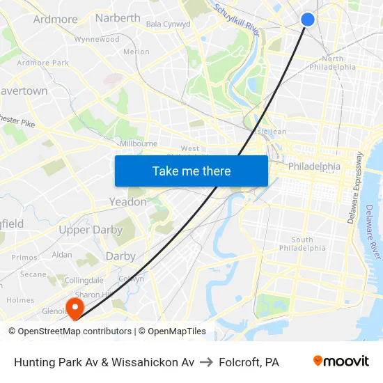 Hunting Park Av & Wissahickon Av to Folcroft, PA map