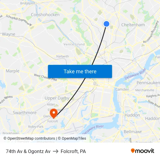 74th Av & Ogontz Av to Folcroft, PA map