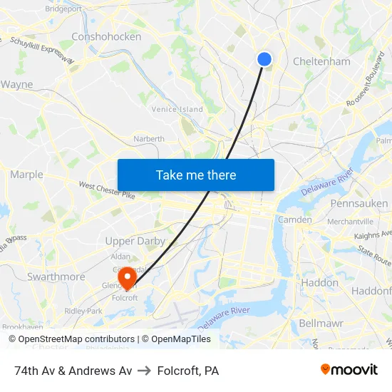 74th Av & Andrews Av to Folcroft, PA map