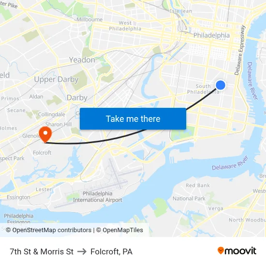7th St & Morris St to Folcroft, PA map