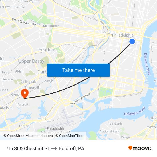 7th St & Chestnut St to Folcroft, PA map