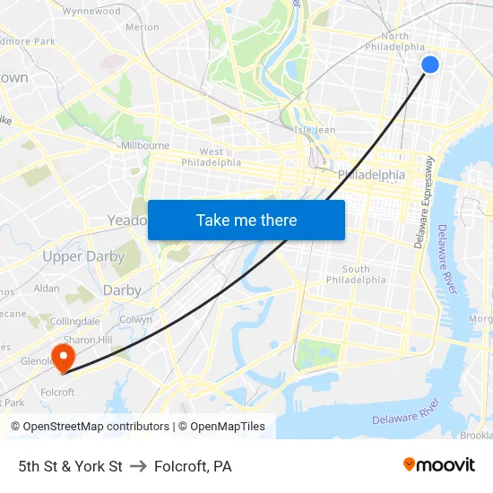 5th St & York St to Folcroft, PA map
