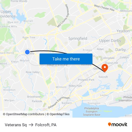 Veterans Sq to Folcroft, PA map