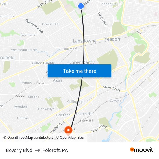 Beverly Blvd to Folcroft, PA map