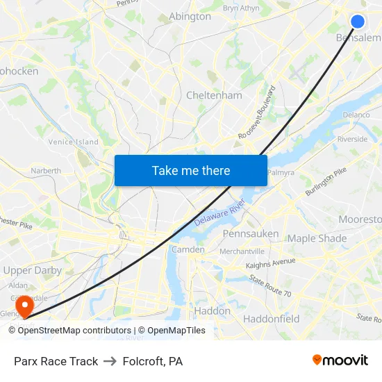 Parx Race Track to Folcroft, PA map