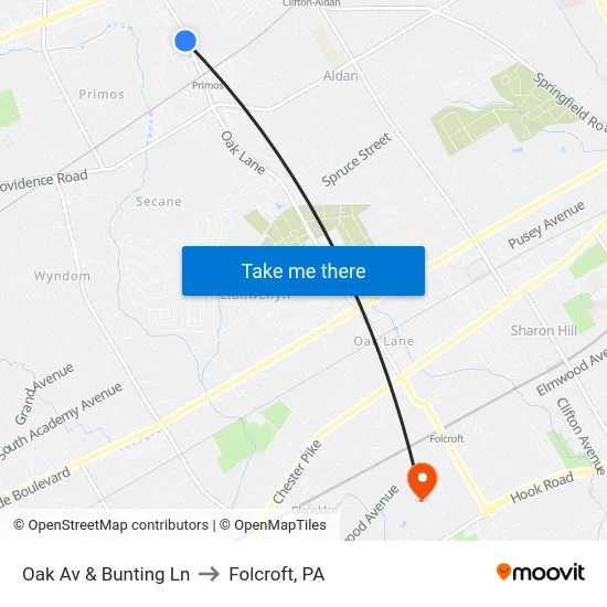 Oak Av & Bunting Ln to Folcroft, PA map