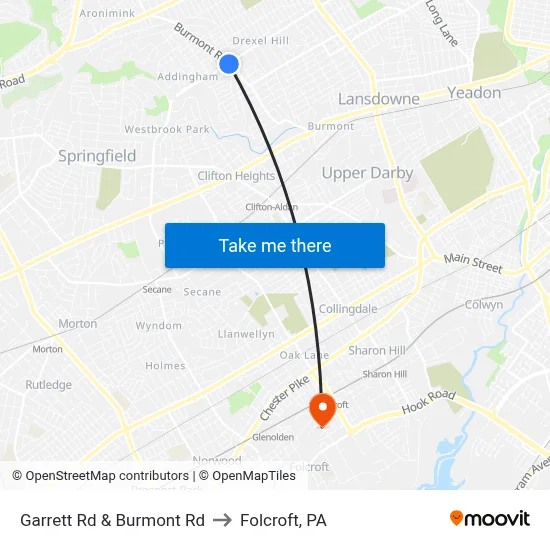 Garrett Rd & Burmont Rd to Folcroft, PA map