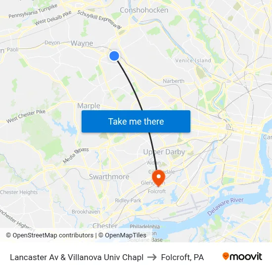 Lancaster Av & Villanova Univ Chapl to Folcroft, PA map