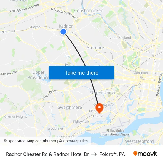 Radnor Chester Rd & Radnor Hotel Dr to Folcroft, PA map