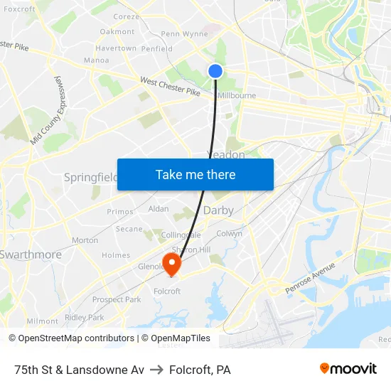 75th St & Lansdowne Av to Folcroft, PA map
