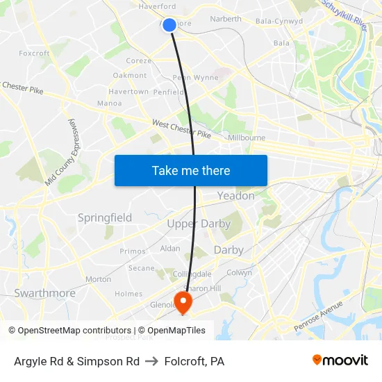 Argyle Rd & Simpson Rd to Folcroft, PA map