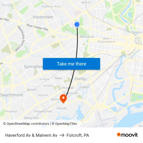 Haverford Av & Malvern Av to Folcroft, PA map