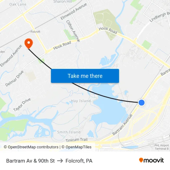 Bartram Av & 90th St to Folcroft, PA map