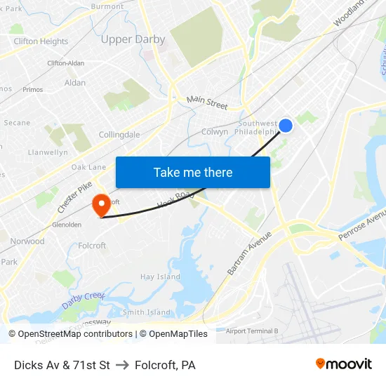 Dicks Av & 71st St to Folcroft, PA map