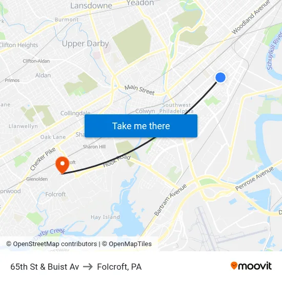 65th St & Buist Av to Folcroft, PA map