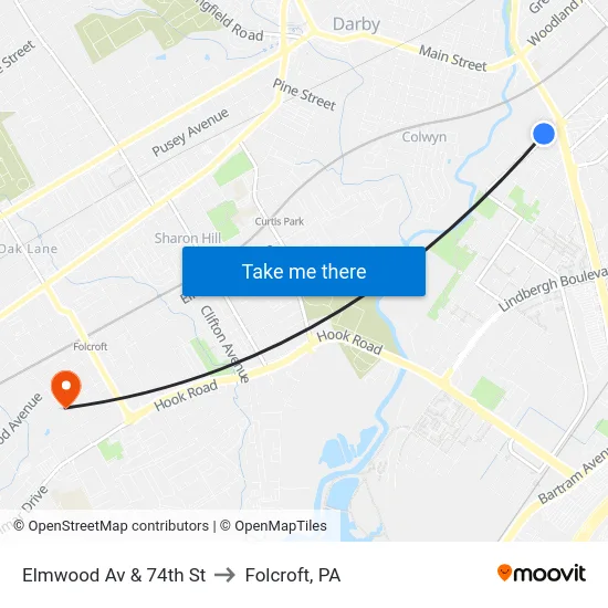 Elmwood Av & 74th St to Folcroft, PA map