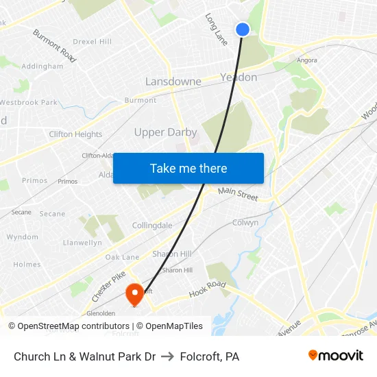 Church Ln & Walnut Park Dr to Folcroft, PA map