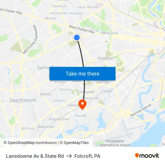 Lansdowne Av & State Rd to Folcroft, PA map