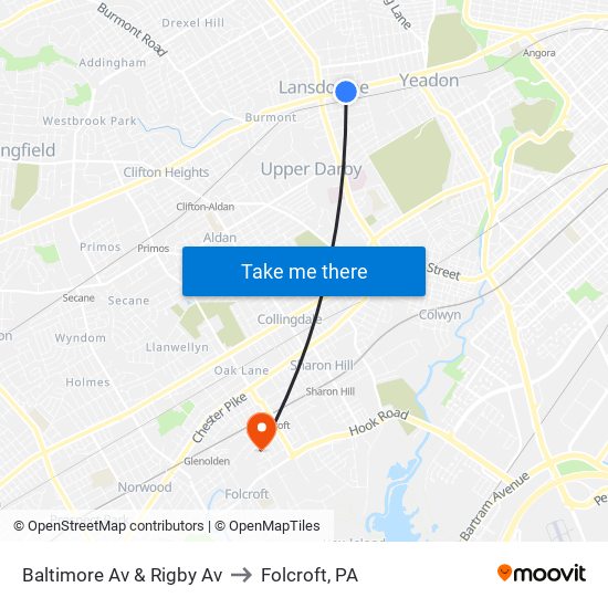 Baltimore Av & Rigby Av to Folcroft, PA map
