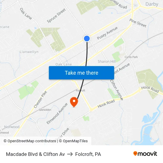 Macdade Blvd & Clifton Av to Folcroft, PA map