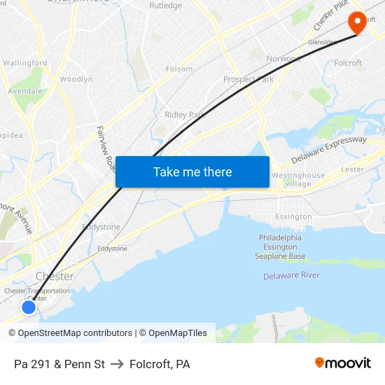 Pa 291 & Penn St to Folcroft, PA map