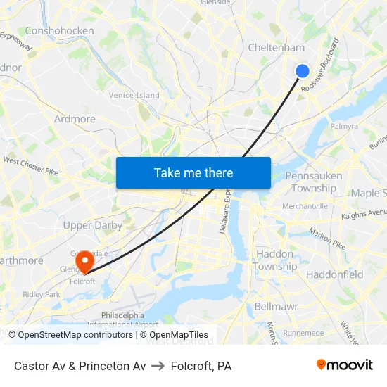 Castor Av & Princeton Av to Folcroft, PA map