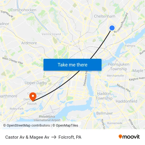 Castor Av & Magee Av to Folcroft, PA map