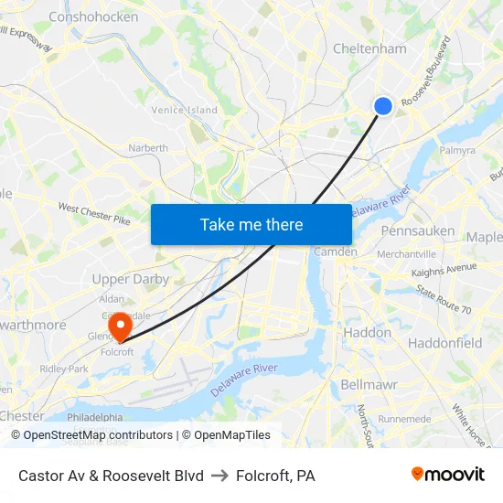 Castor Av & Roosevelt Blvd to Folcroft, PA map