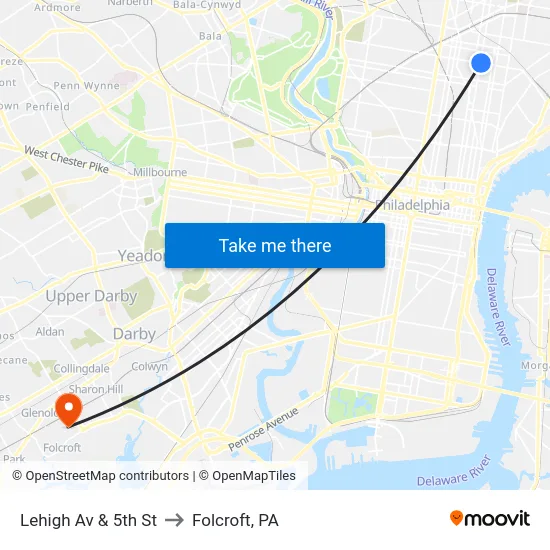 Lehigh Av & 5th St to Folcroft, PA map