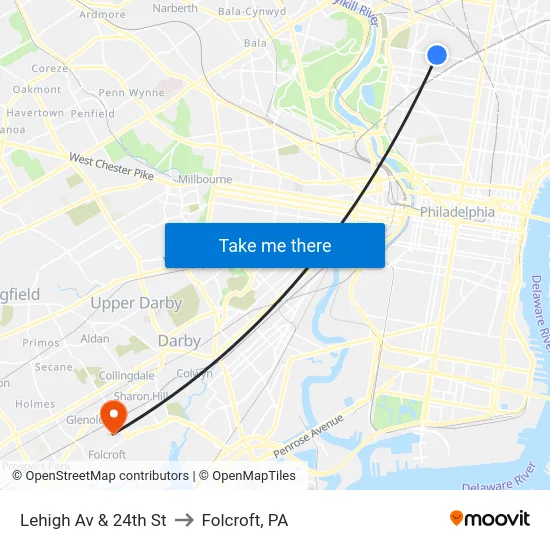 Lehigh Av & 24th St to Folcroft, PA map