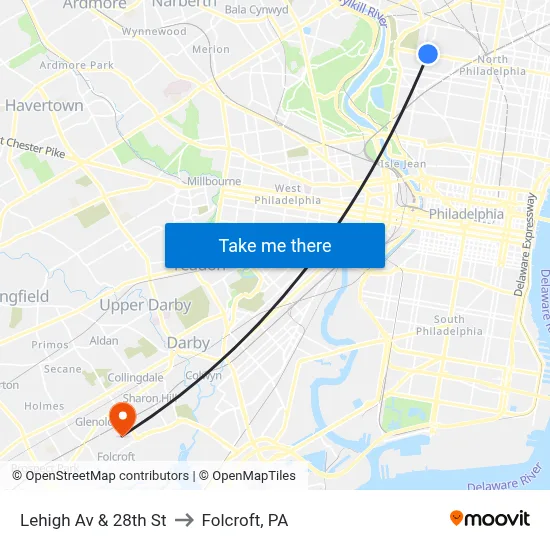 Lehigh Av & 28th St to Folcroft, PA map