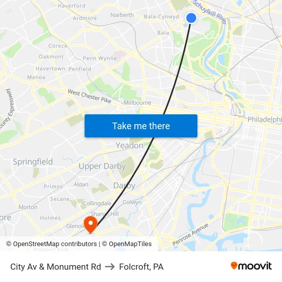 City Av & Monument Rd to Folcroft, PA map