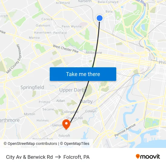 City Av & Berwick Rd to Folcroft, PA map
