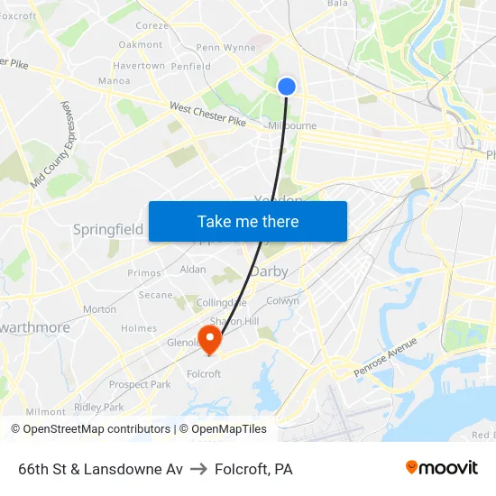 66th St & Lansdowne Av to Folcroft, PA map