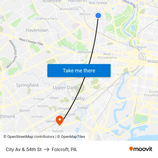 City Av & 54th St to Folcroft, PA map