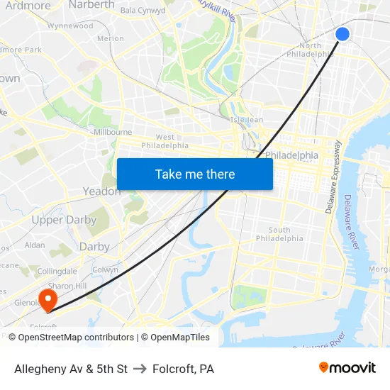 Allegheny Av & 5th St to Folcroft, PA map