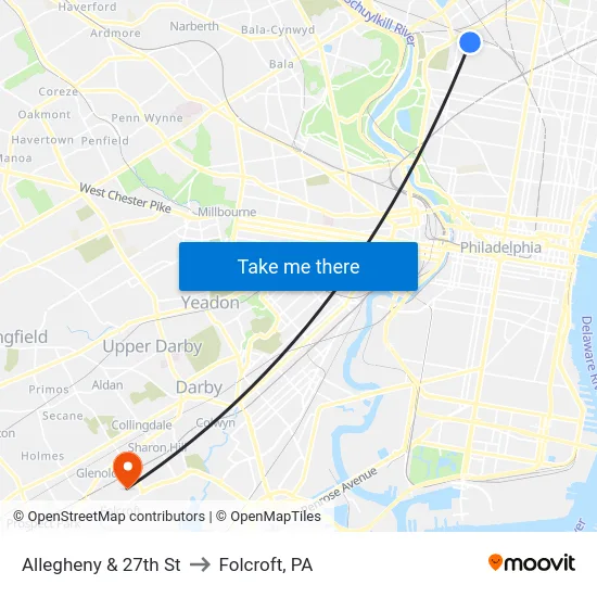 Allegheny & 27th St to Folcroft, PA map