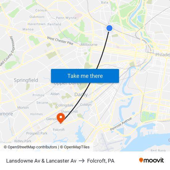 Lansdowne Av & Lancaster Av to Folcroft, PA map